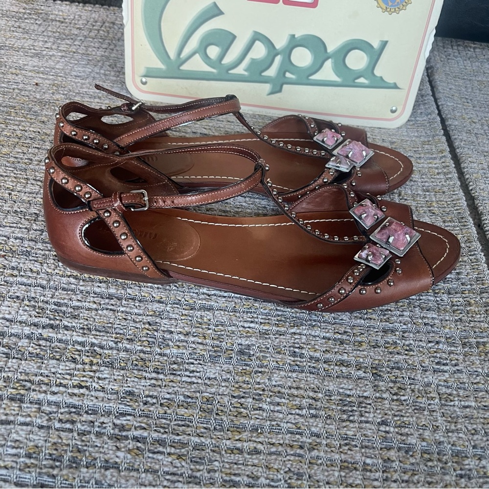 Miu Miu Bejeweled T-Strap Brown Leather Sandals - Picture 10 of 11